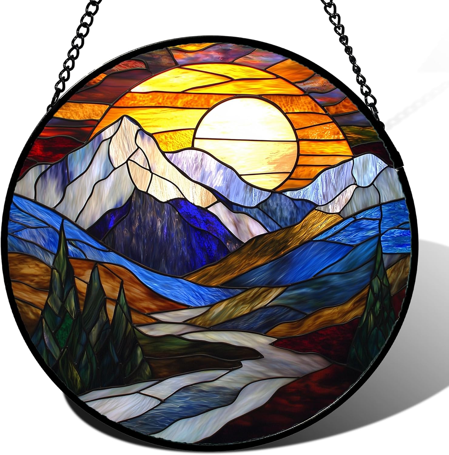 Stained Glass Window Hanging, Yellow Blue Sunset Mountains Scenery Sun Catcher for Window Home