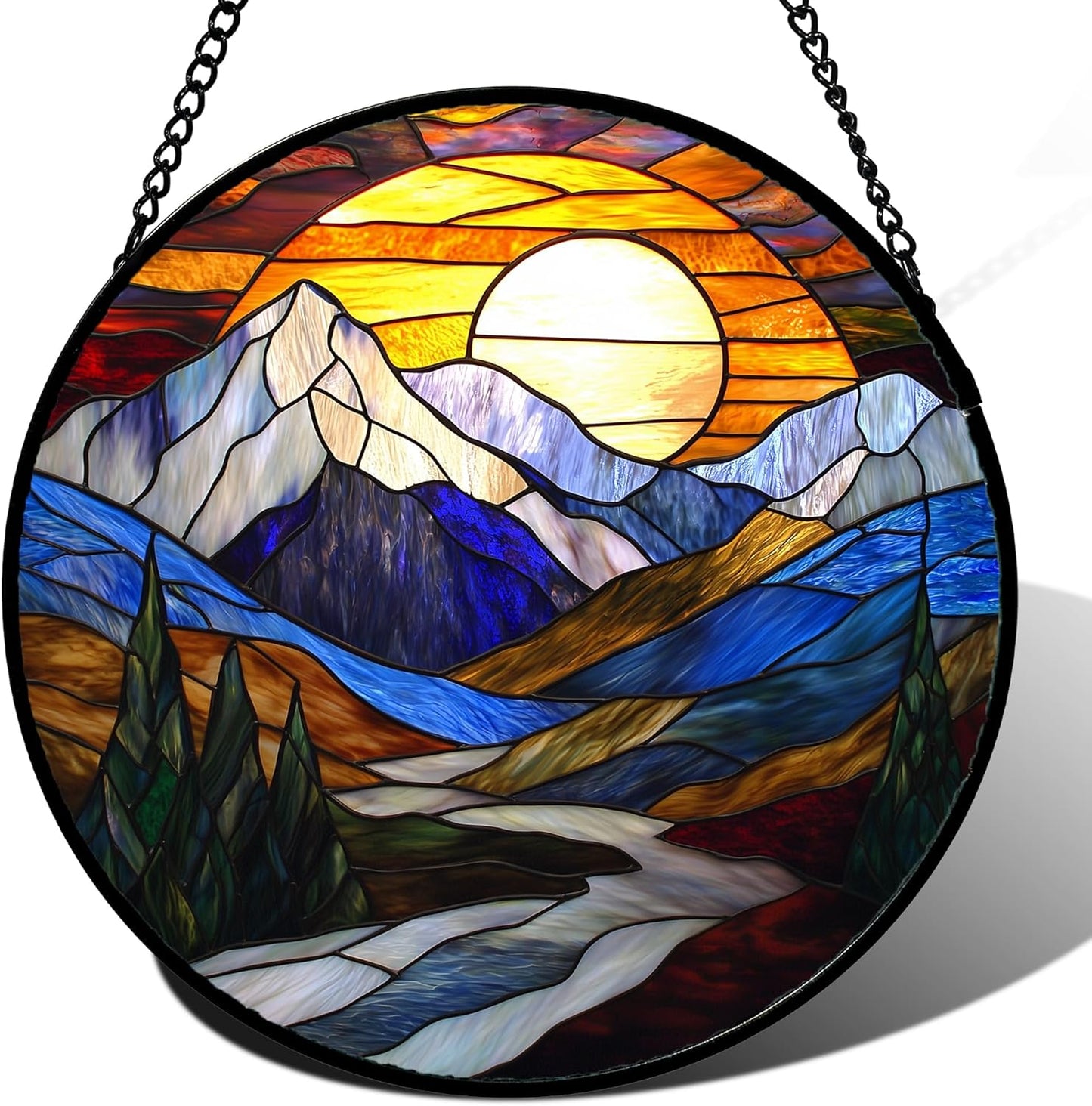 Stained Glass Window Hanging, Yellow Blue Sunset Mountains Scenery Sun Catcher for Window Home