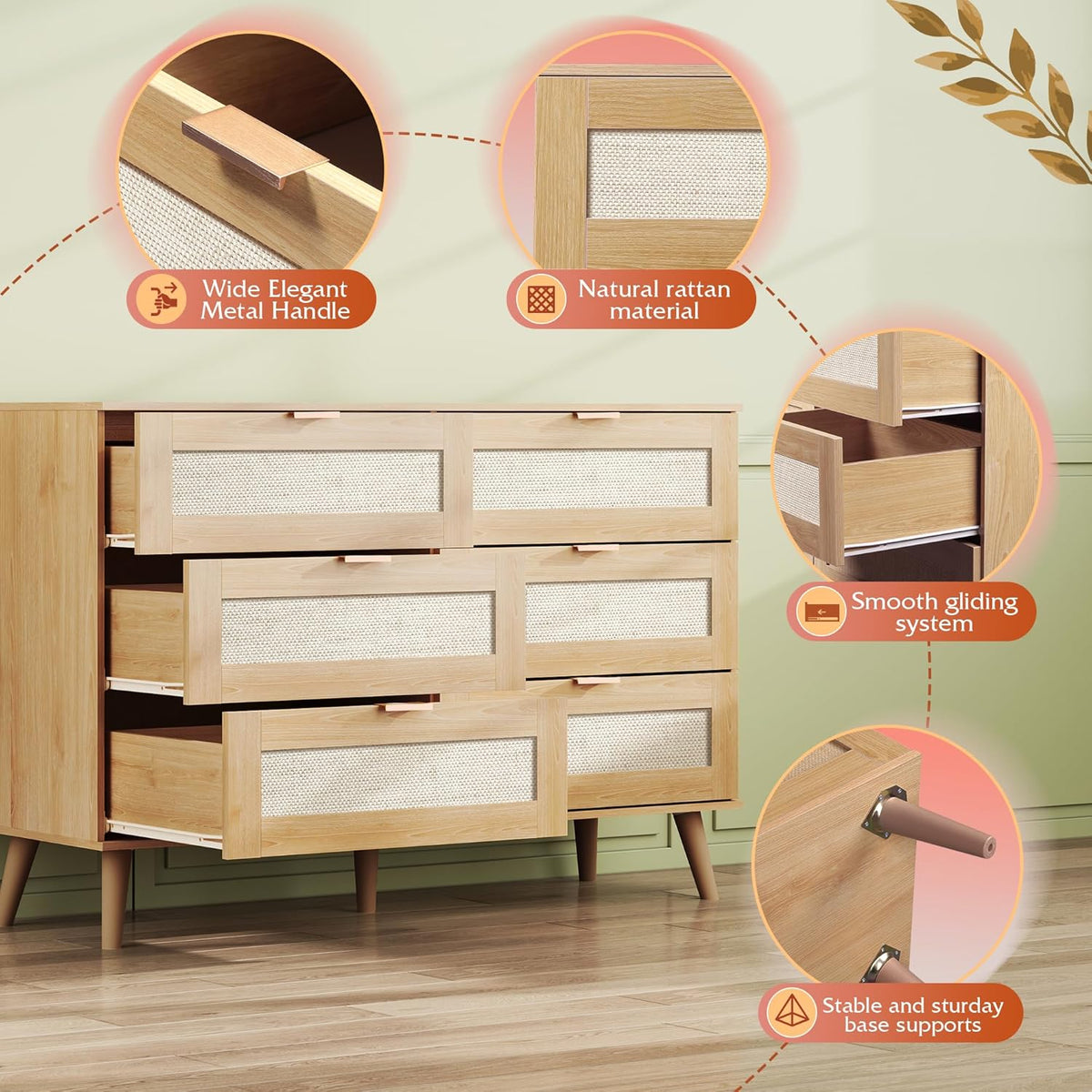 WLIVE Rattan Dresser for Bedroom, 6 Drawer 47.24'' Wide Boho Wood Dresser, Chest of Drawers, Gold