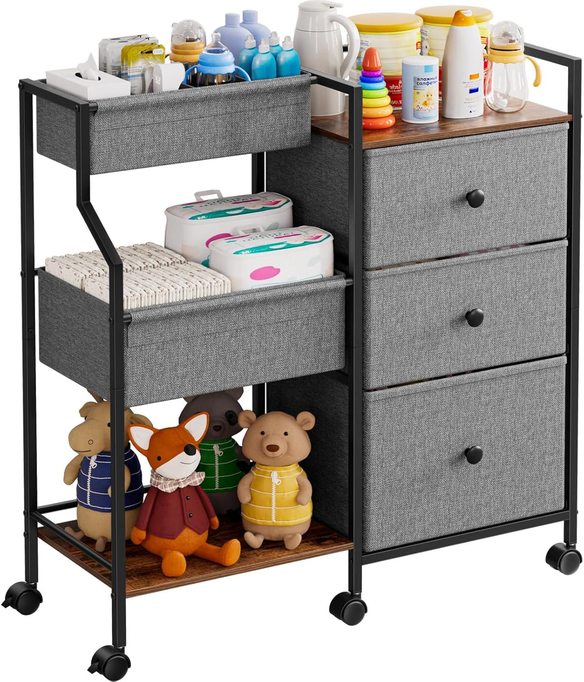 Baby Diaper Caddy Organizer and Storage - 3 Tier Rolling Cart with Dividers and Drawers, Easy To