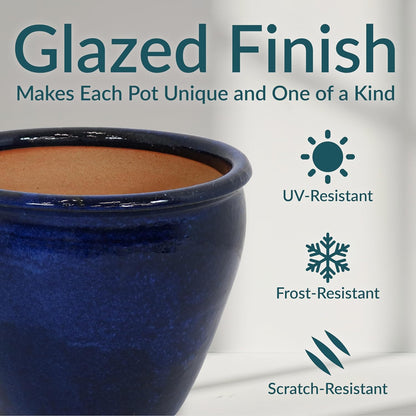 Sunnydaze Chalet Large Ceramic Plant Pot - Round Outdoor Glazed Ceramic Planter Pot with Drainage
