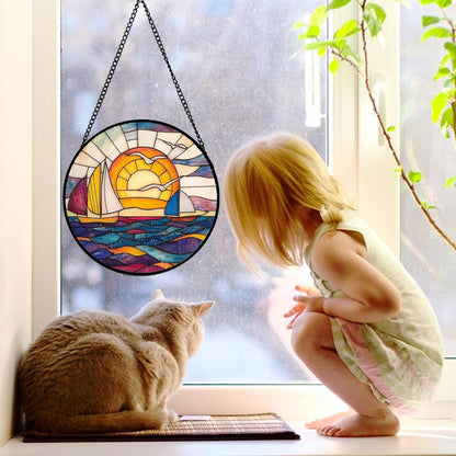 Stained Glass Window Hanging, Sailboat and Waves Suncatcher Diamond Glass Panel Hangings Sun