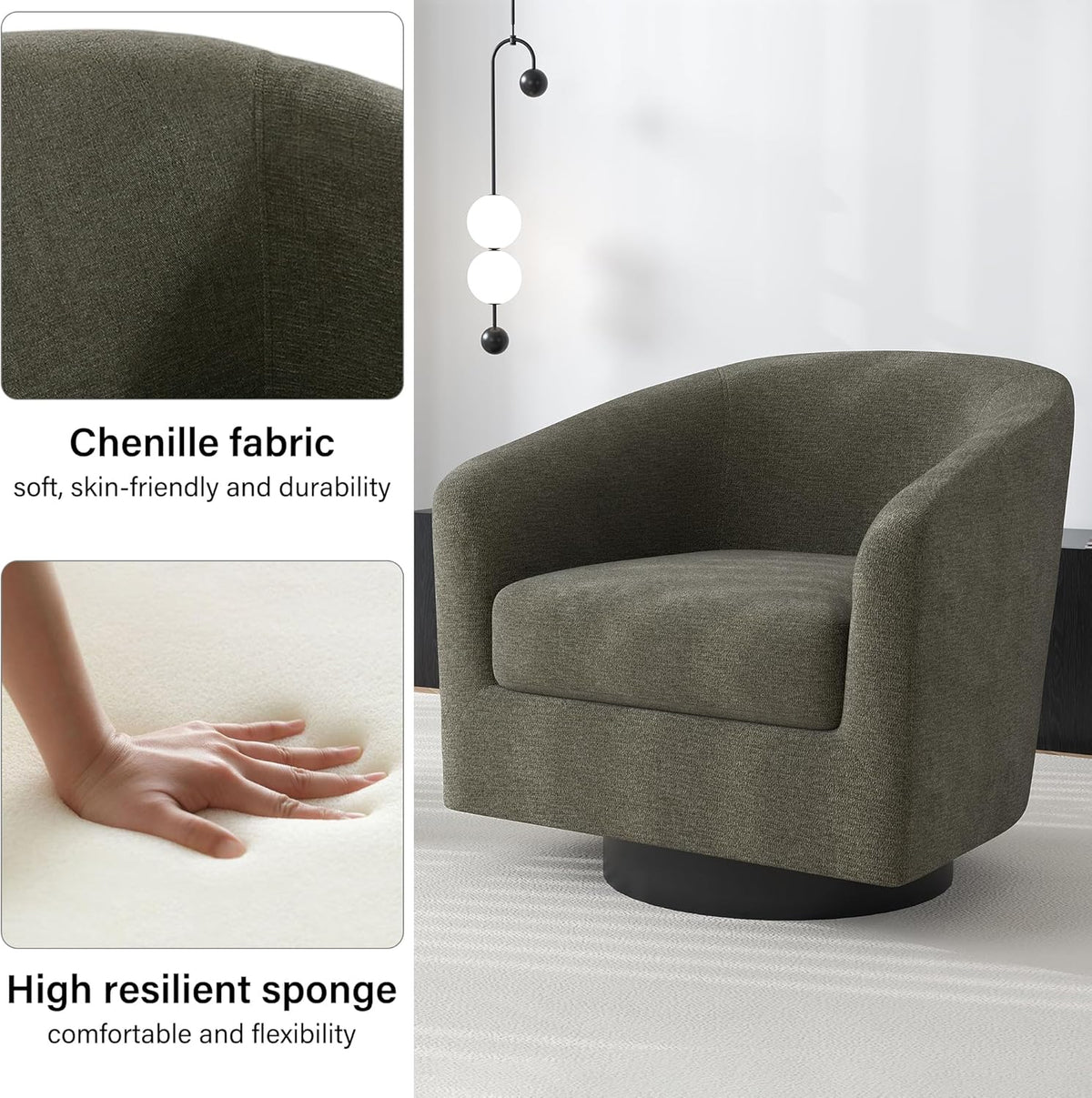Swivel Barrel Accent Chair, Modern Round Chenille Fabric Arm Chair for Living Room, Bedroom, Comfy