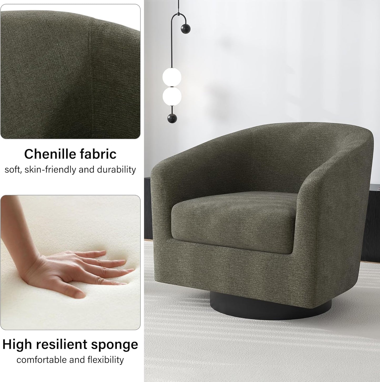 Swivel Barrel Accent Chair, Modern Round Chenille Fabric Arm Chair for Living Room, Bedroom, Comfy