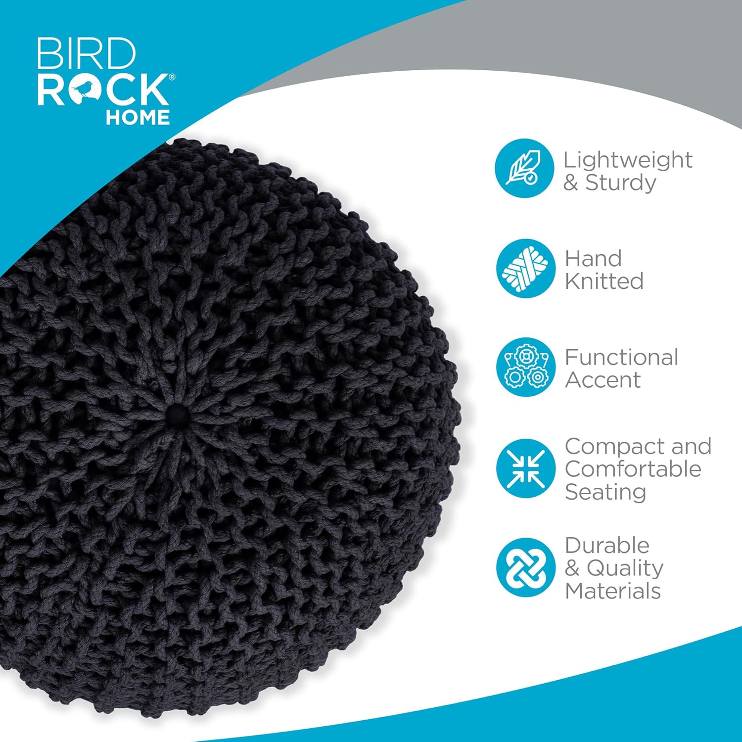 BIRDROCK HOME Round Pouf Ottoman | Cotton Braided Foot Stool with Bean Bag Filling | Boho Foot Rest