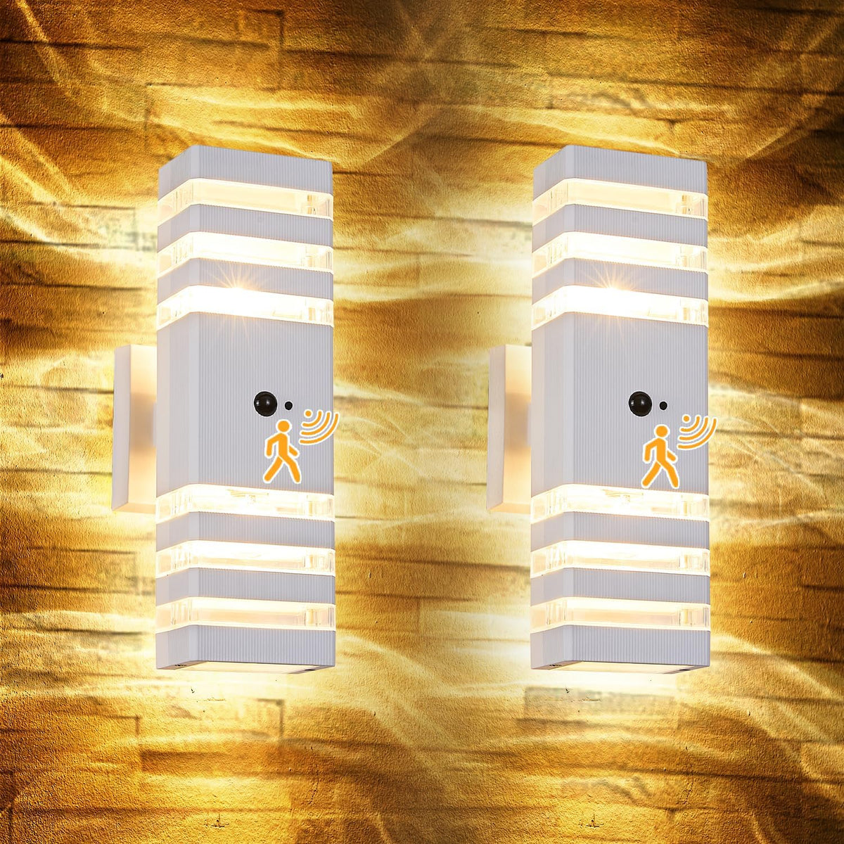 2 Pack Motion Sensor Outdoor Wall Lights with 4 Dimmable Bulbs, Modern White Dusk to Dawn Porch