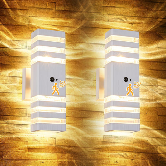 2 Pack Motion Sensor Outdoor Wall Lights with 4 Dimmable Bulbs, Modern White Dusk to Dawn Porch