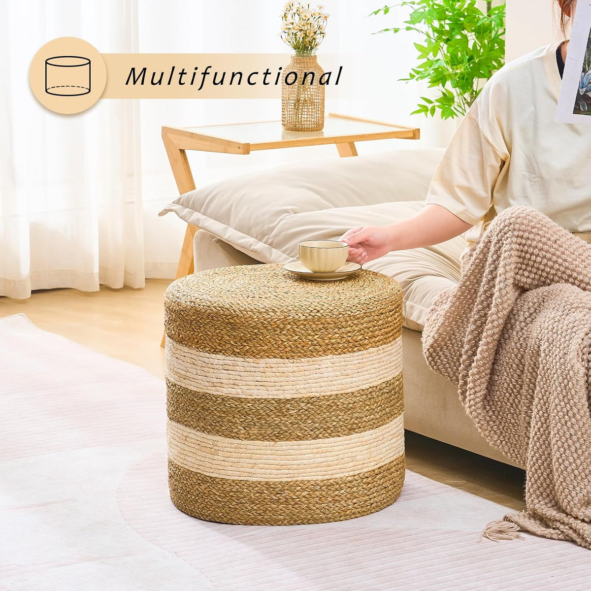 Handwoven Ottoman Pouf, Natural Seagrass Footstool, Round Braided Outdoor Seat with Sturdy Frame