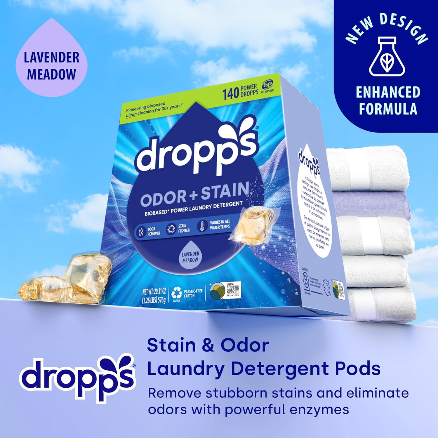Dropps Odor & Stain Biobased Power Laundry Detergent Pods, Lavender Meadow(140 Count) - HE