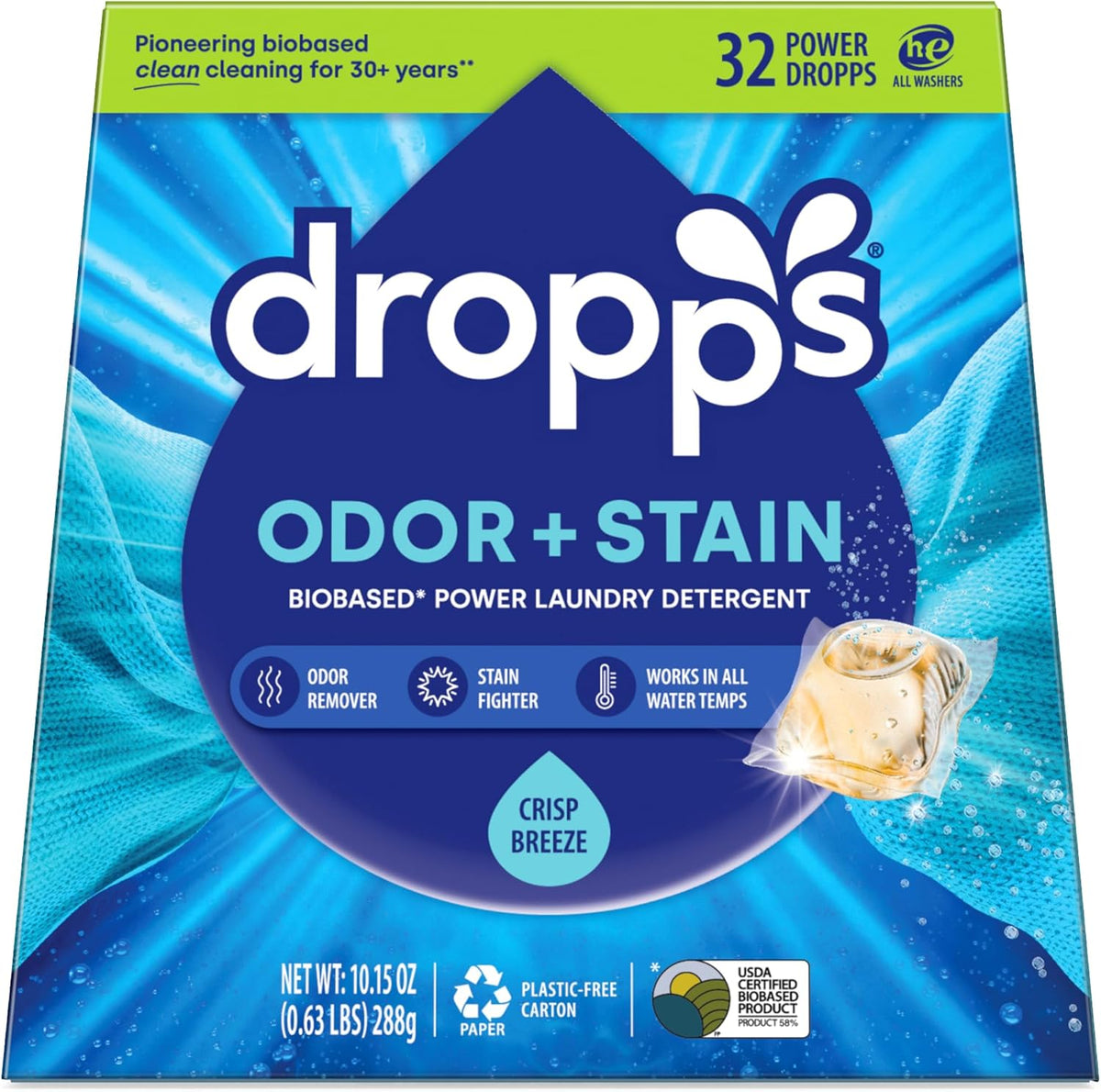 Dropps Odor & Stain Biobased Power Laundry Detergent Pods, Crisp Breeze (32 Pods) - HE Compatible