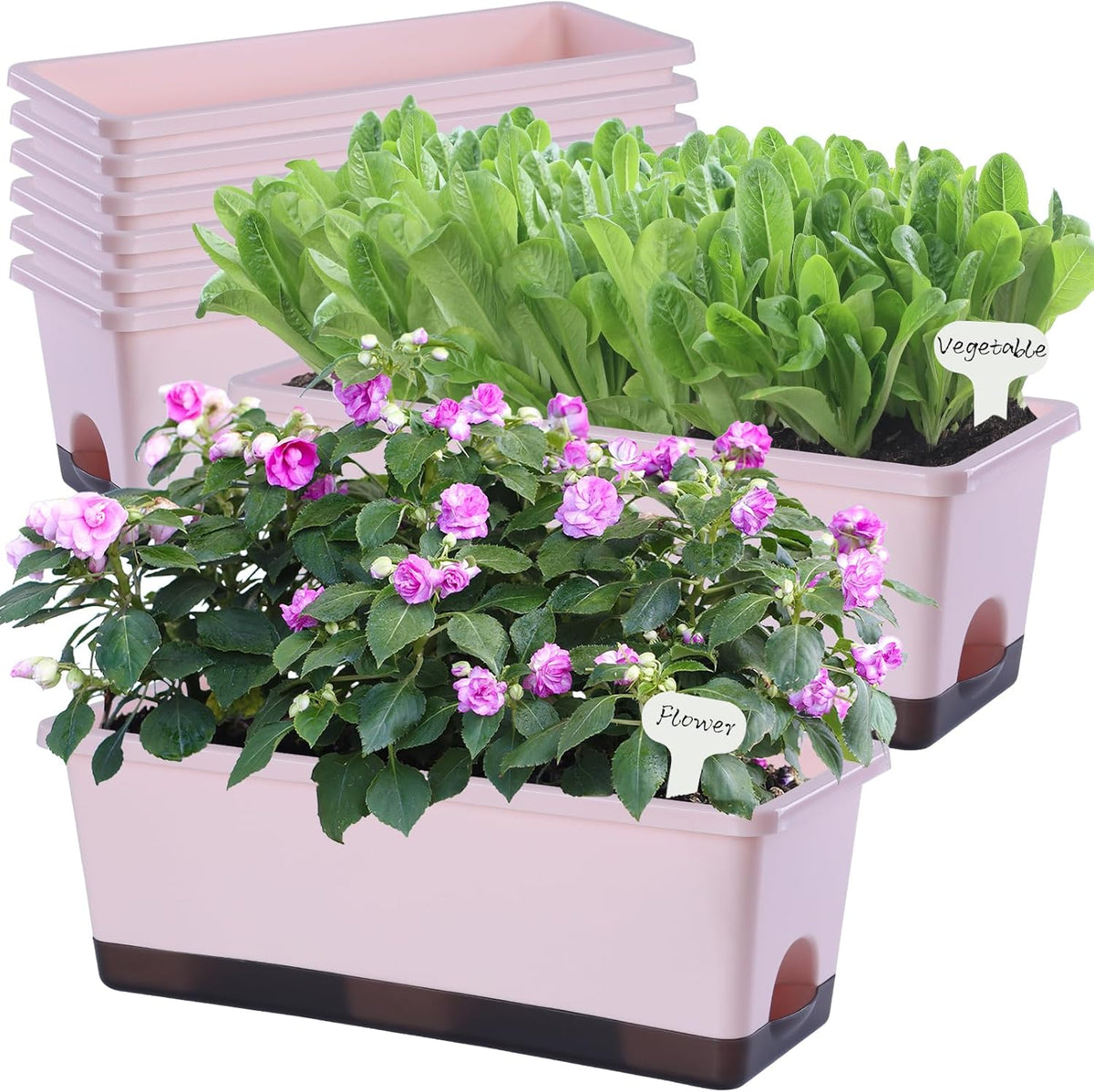 Window Box Planter 8 Pcs, 17 Inches Rectangle Flower Pots with Drainage Holes and Trays, Vegetable