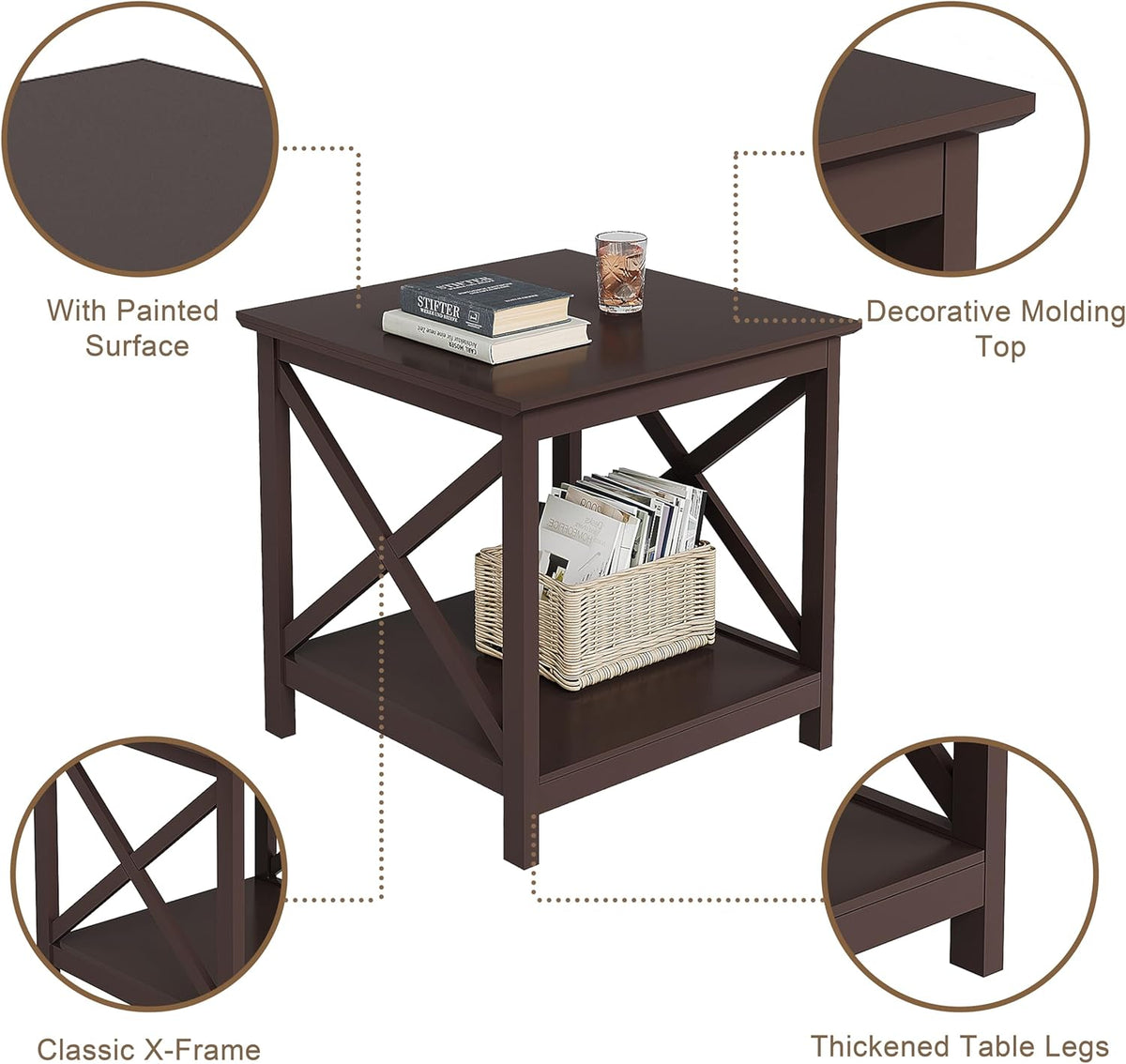 ChooChoo End Table, 24 Inch End Table with 2-Tier Storage Shelf, Side Table for Living Room, Wood