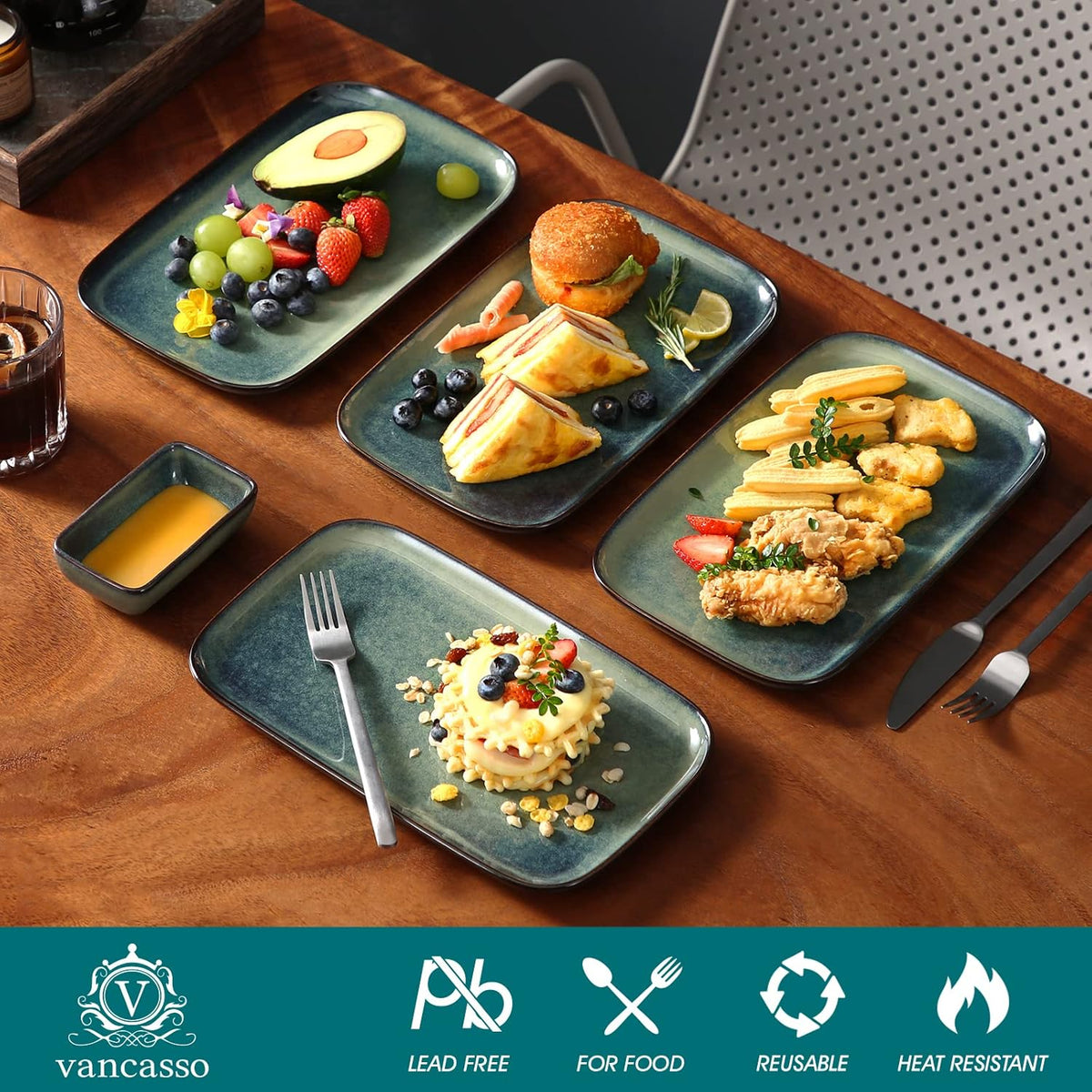 vancasso Stern Serving Platters Set of 4, 11 Inches Rectangular Ceramic Serving Plates, Green