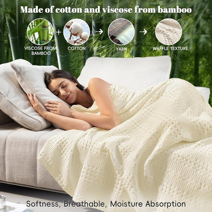 PHF Cooling Waffle Blanket Twin Size, Lightweight 60% Rayon Derived Bamboo & 40% Cotton Breathable