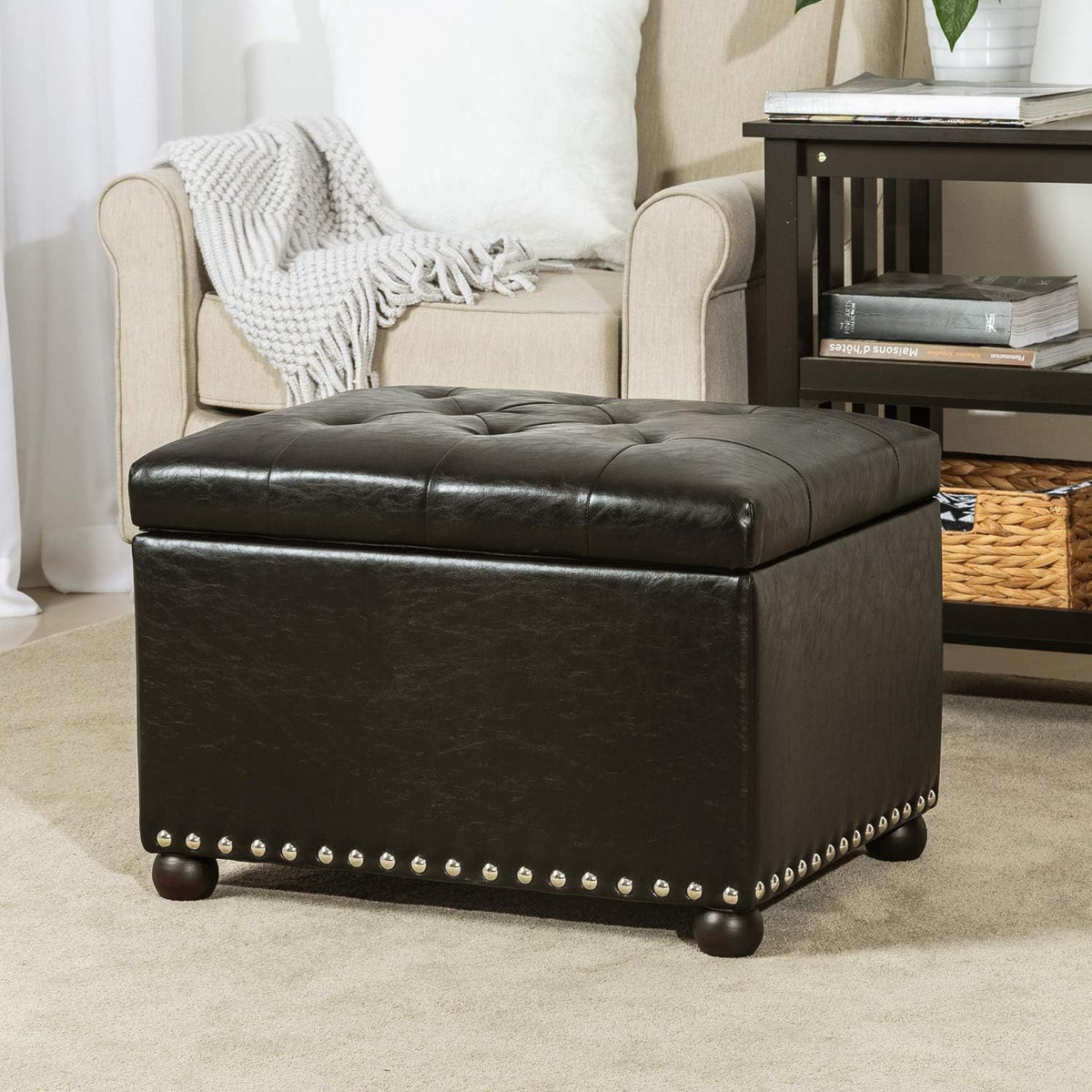 Joveco Leather Storage Ottoman, 24" Rectangle Tufted Foot Rest Stool, for Living Room Bedroom