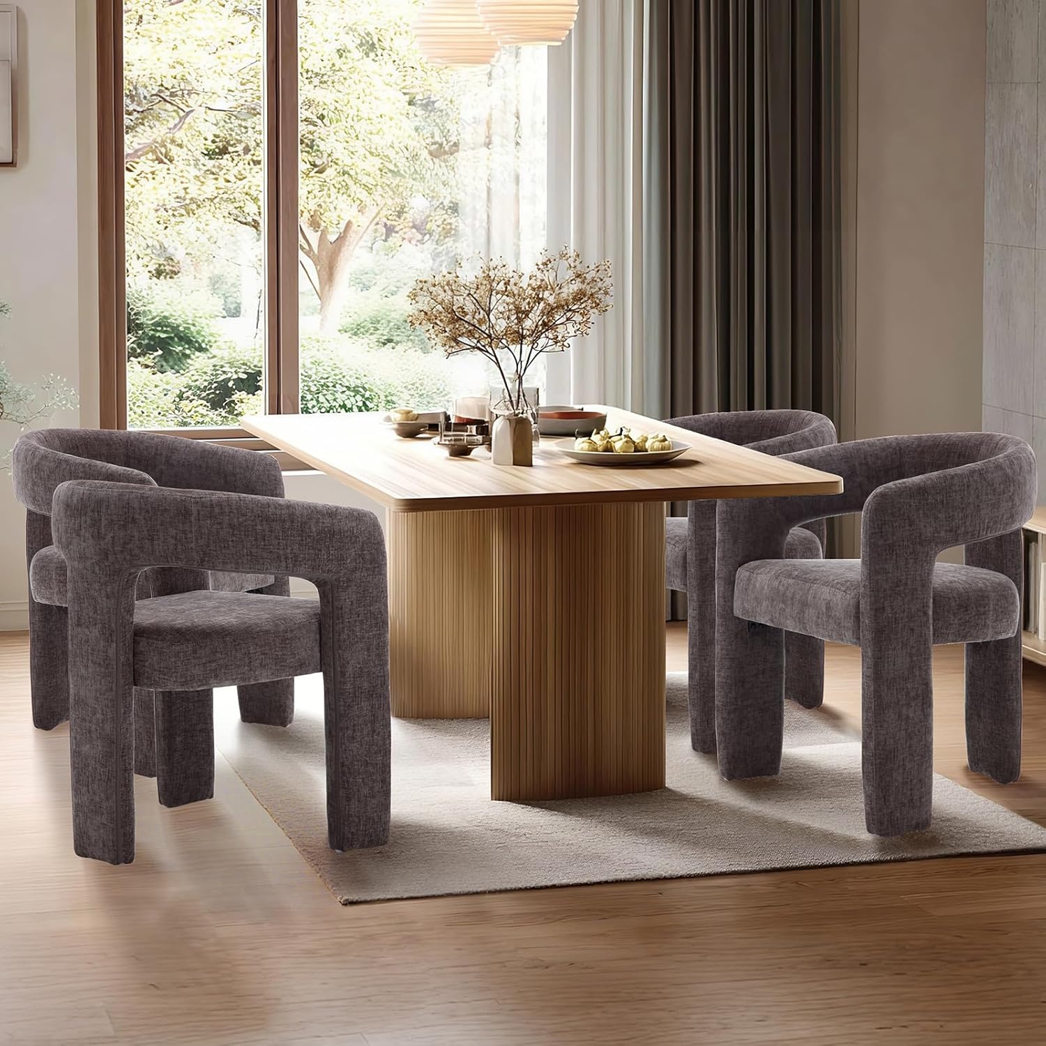 Charcoal Grey Chenille Dining Chairs Set of 4, Modern Barrel Dining Room Chairs Upholstered Accent