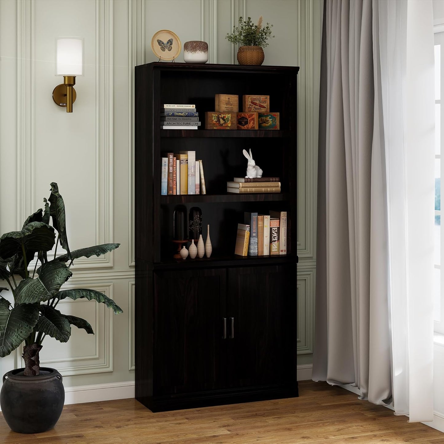 70 Inch Tall Bookcase with Doors, Library Office Bookshelf with Adjustable Shelves, Floor Standing