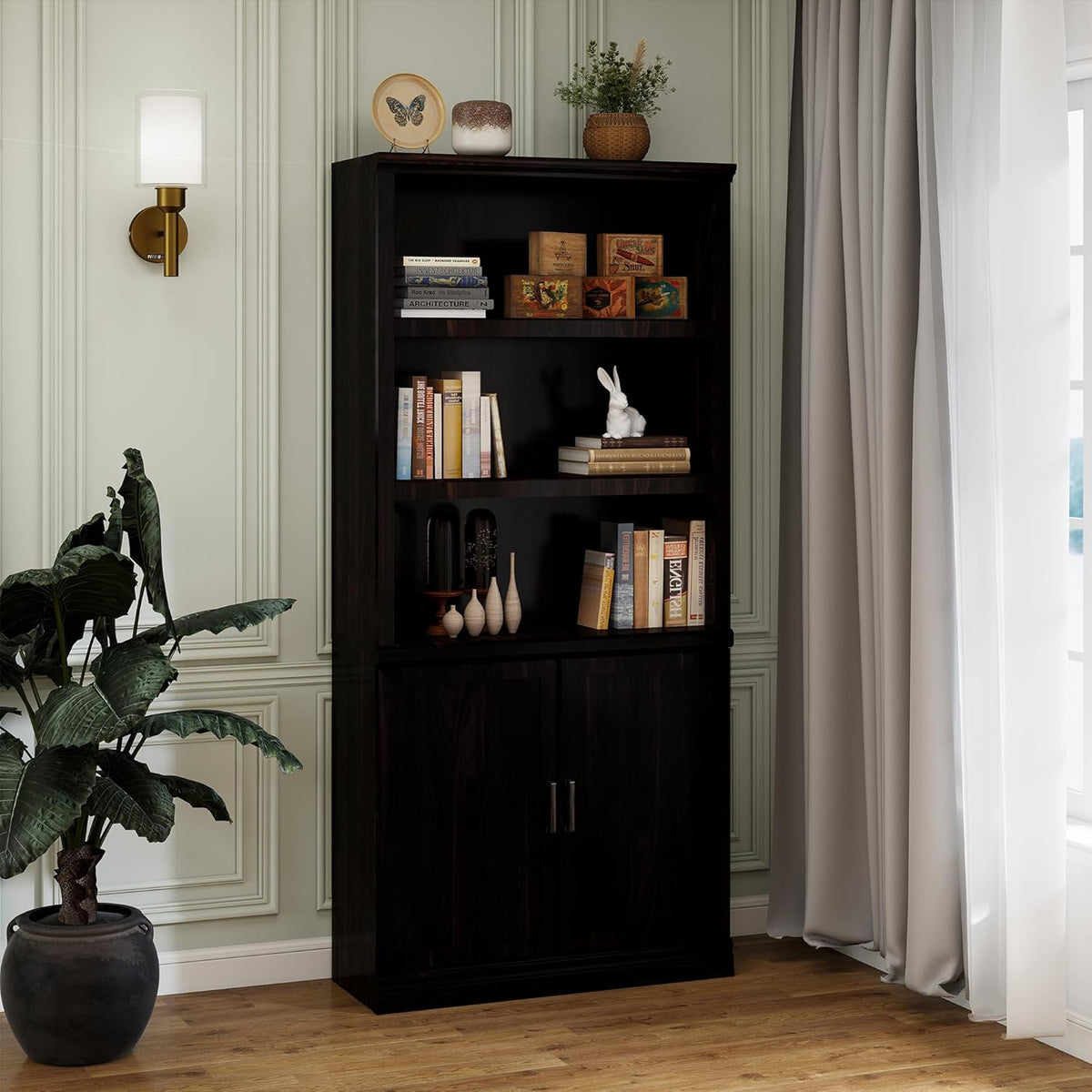 70 Inch Tall Bookcase with Doors, Library Office Bookshelf with Adjustable Shelves, Floor Standing