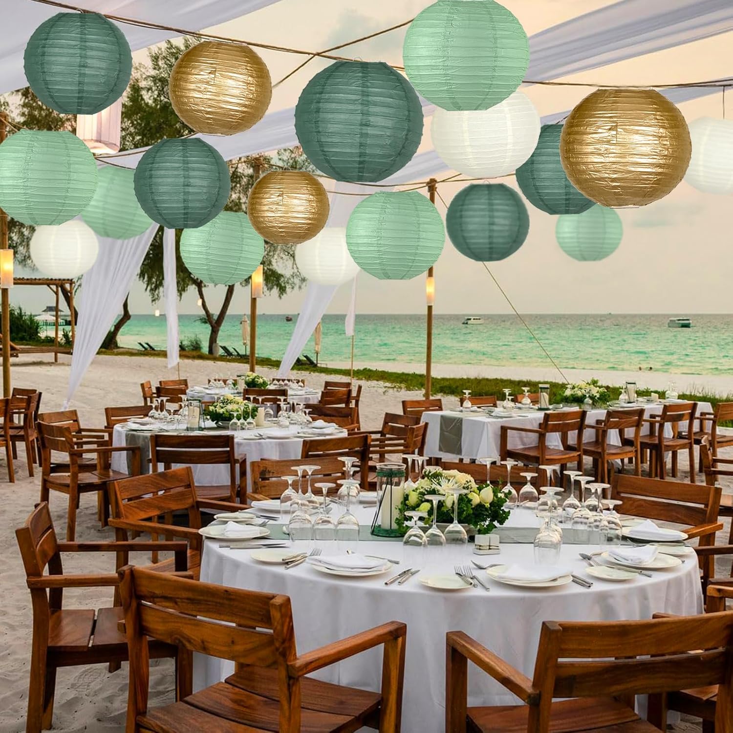 Paper Lanterns Decorative, Round Paper Lanterns Decorations Sage Green/Forest Green/Gold/White for