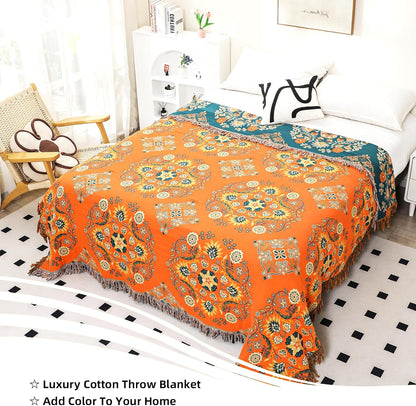 Boho Large Throw Blanket, 100% Organic Cotton Breathable Soft Bed Throw - Floral Farmhouse Decor