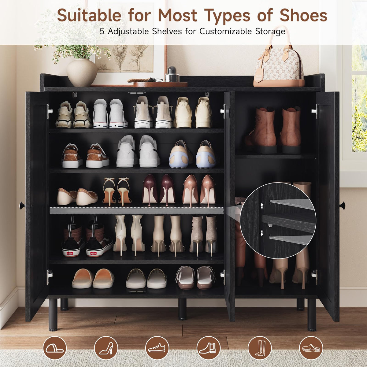 ComfyCorner Shoe Cabinet with 3 Doors, Shoe Rack for Entryway, Black