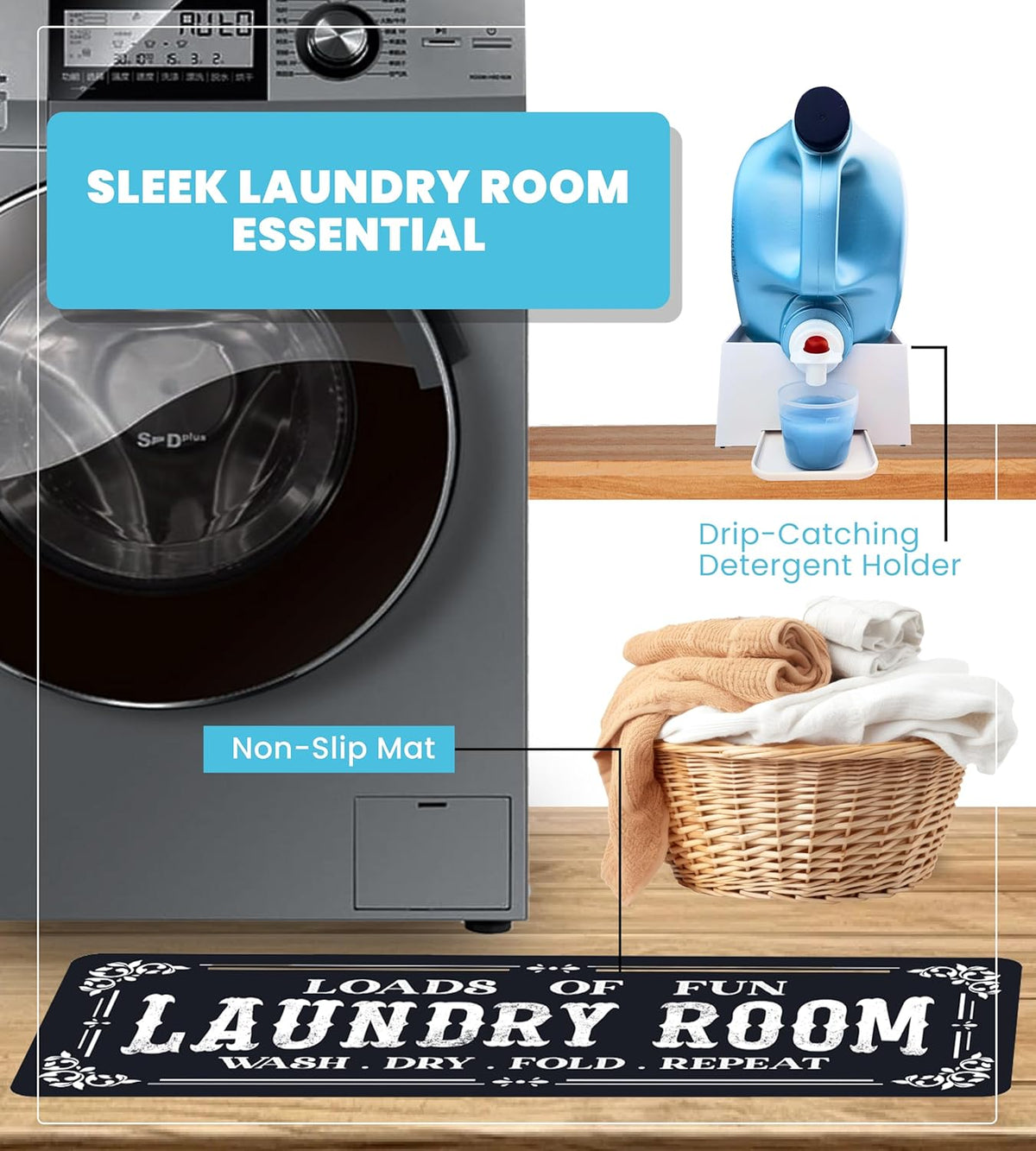 TidyFriend Laundry Detergent Holder with Laundry Room Rug Runner, Detergent Stand for Spill