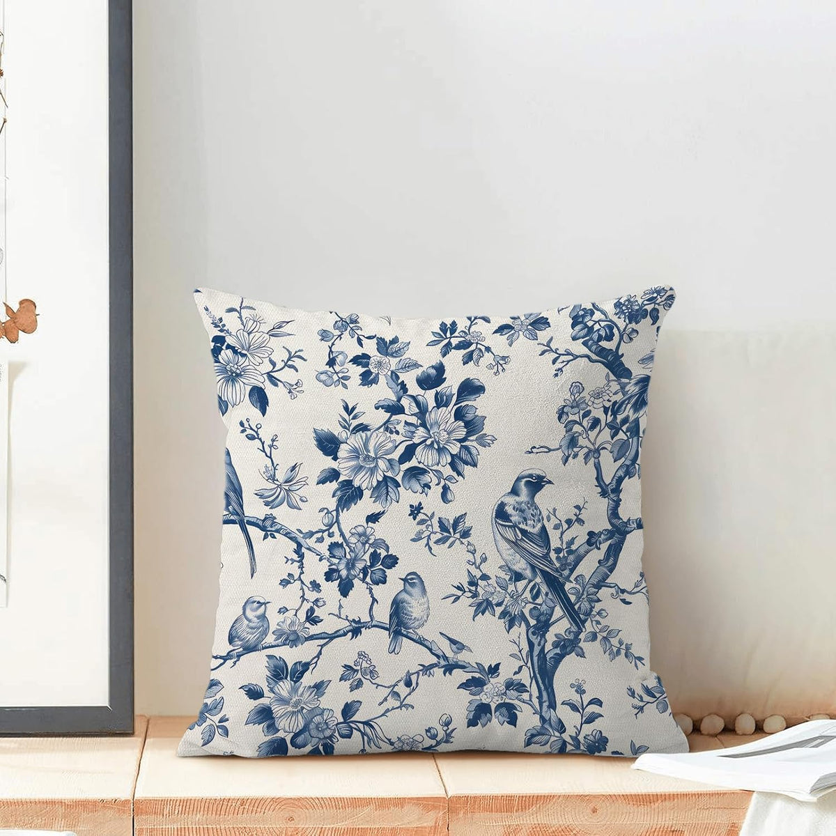 Navy Blue Spring Floral Pillow Covers 16 x 16 Inch Set of 2 for Vintage Chinoiserie Flowers Bird