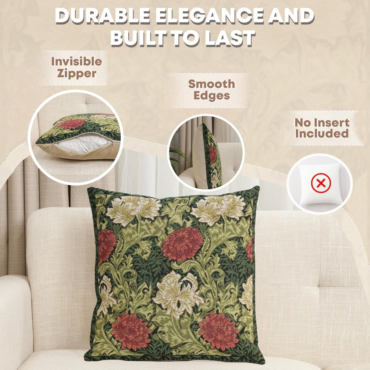 Charlotte Home Furnishings Throw Pillow Covers 16x16 in, Green Chrysanthemum Decorative Pillow
