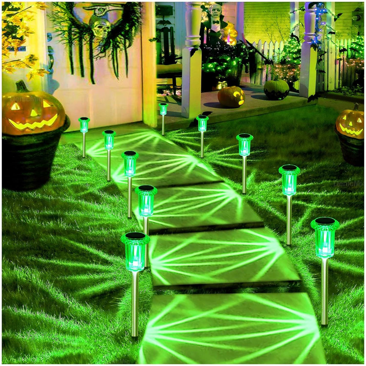 DenicMic Halloween Solar Lights Outdoor 10 Pack Green LED Waterproof Yard Garden Patio Backyard