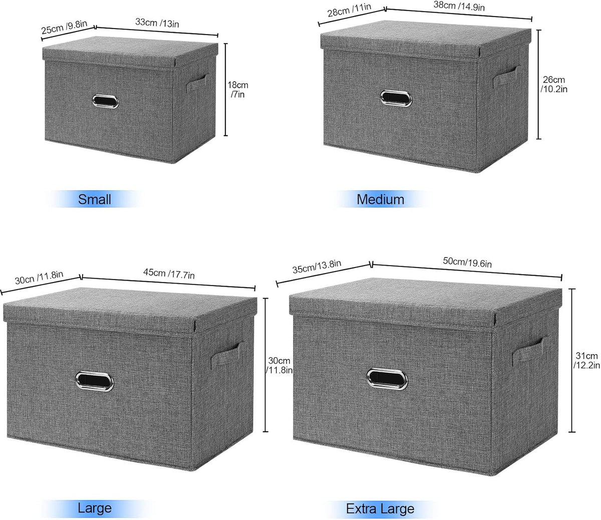Large Linen Fabric Foldable Storage Bins with Removable Lid and Handles, Washable Storage Box