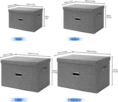 Large Linen Fabric Foldable Storage Bins with Removable Lid and Handles, Washable Storage Box