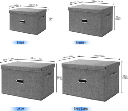 Large Linen Fabric Foldable Storage Bins with Removable Lid and Handles, Washable Storage Box