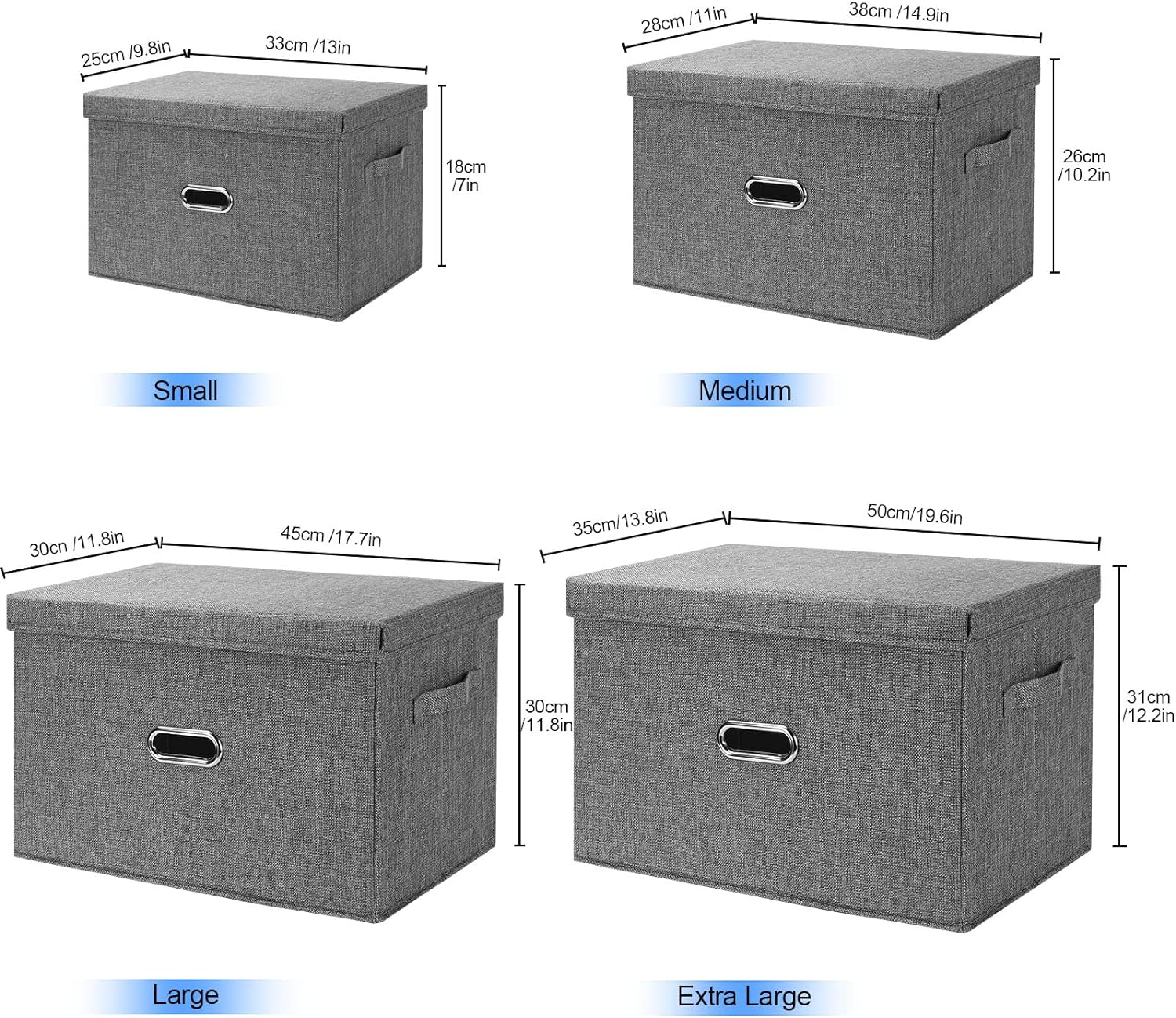 Large Linen Fabric Foldable Storage Bins with Removable Lid and Handles, Washable Storage Box