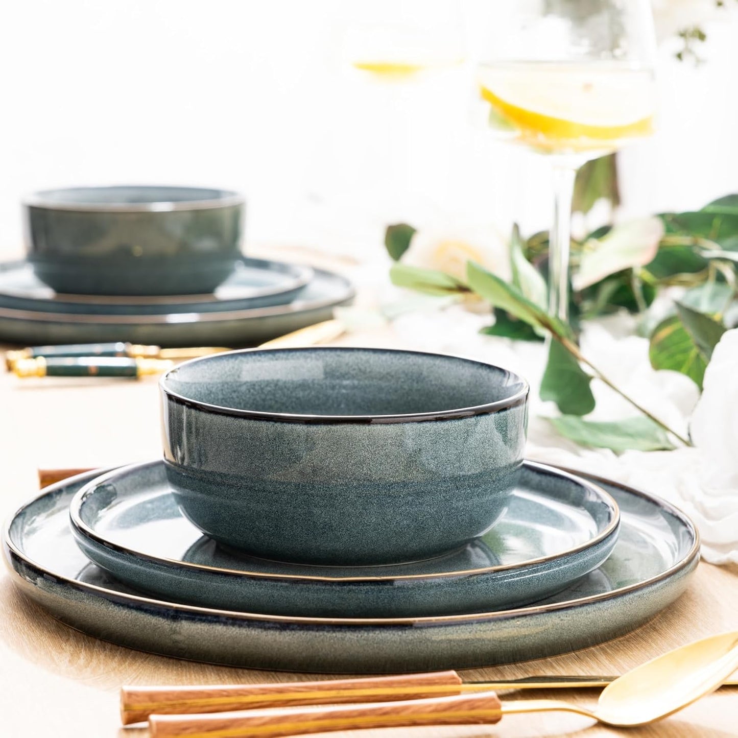 GBHOME Ceramic Dinnerware Sets for 4, 12 Pieces Stoneware Plates and Bowls Sets, Reactive Glaze