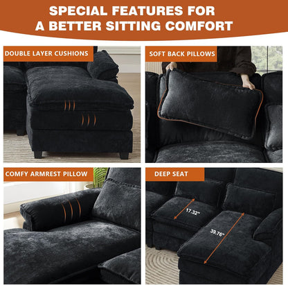 113" Oversized Cloud Couch, U Shape Sectional 4 Seat Sofa with Double Chaises, 2 Layer Cusions