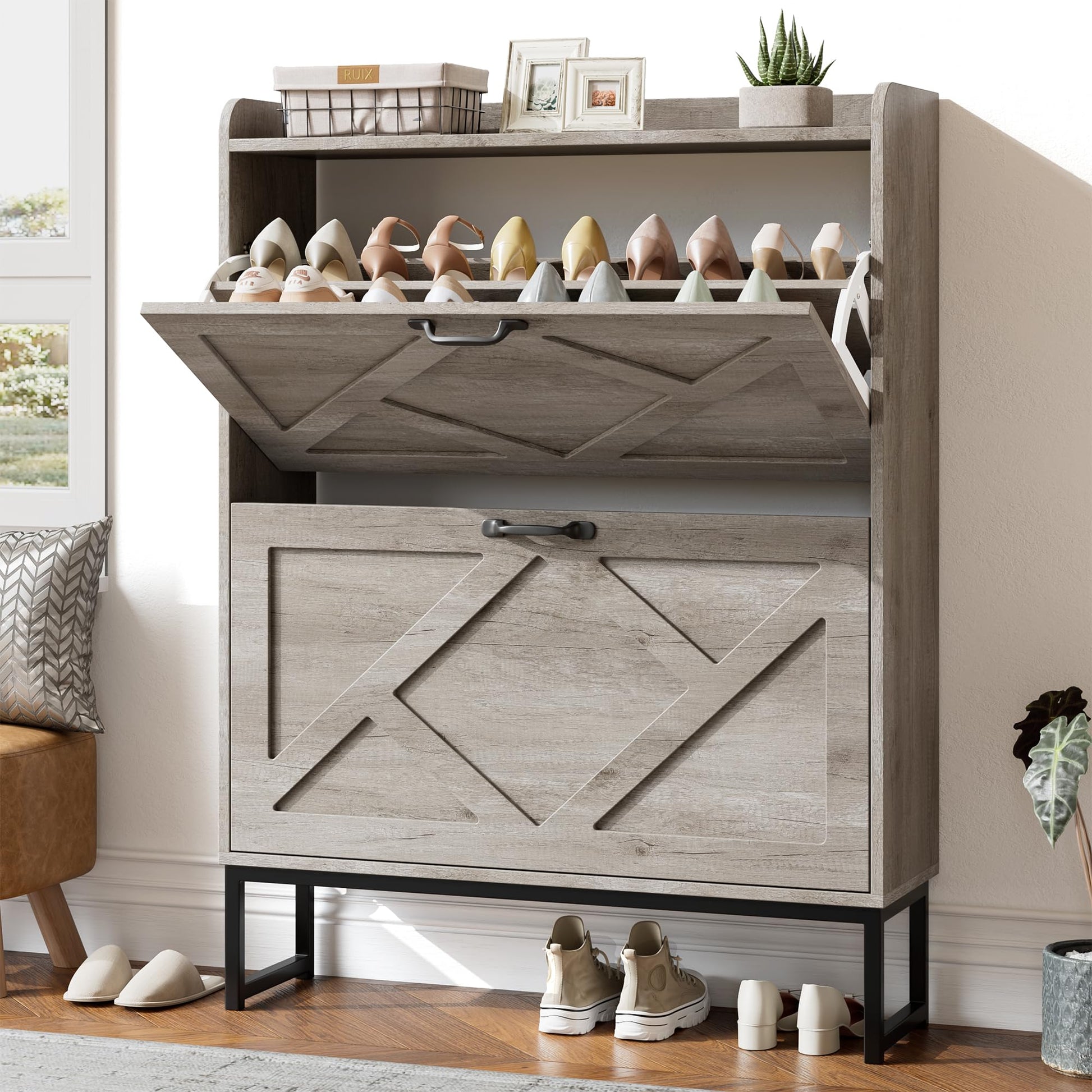 Nicetree Shoe Storage Cabinet with 2 Flip Drawers, Entryway Organizer, Gray