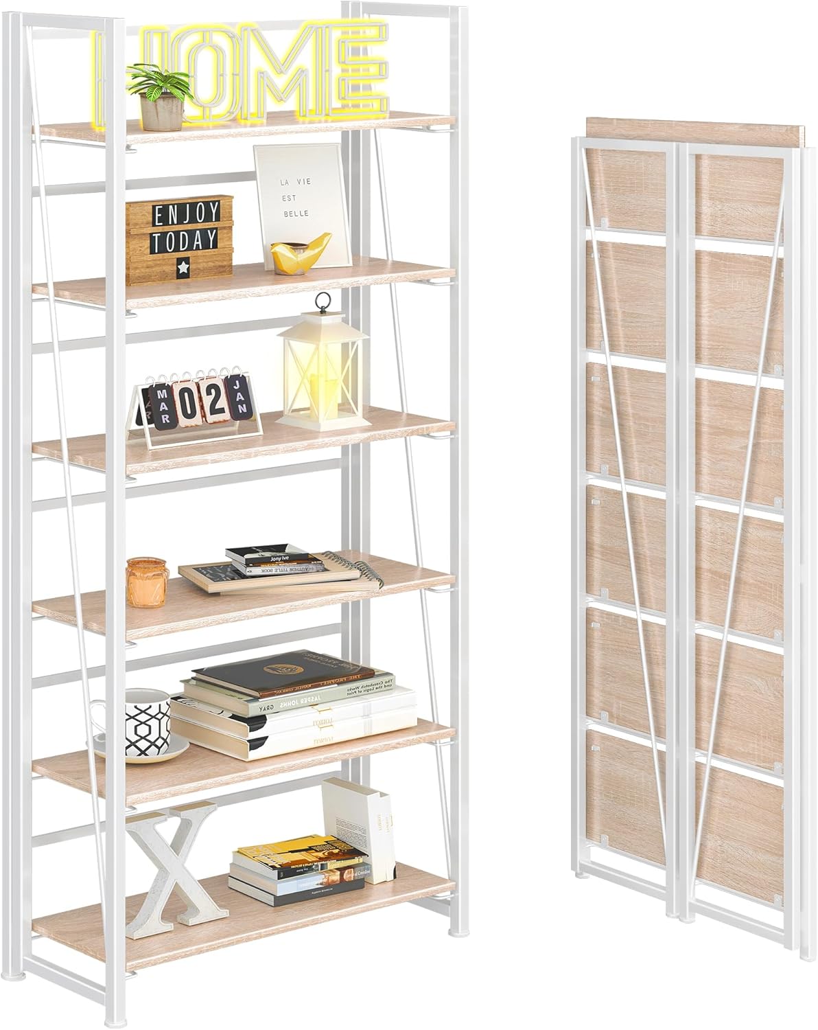 4NM No Assembly Foldable Bookshelf, 6-Shelf Collapsible Bookcase Storage for Small Spaces, 74" H