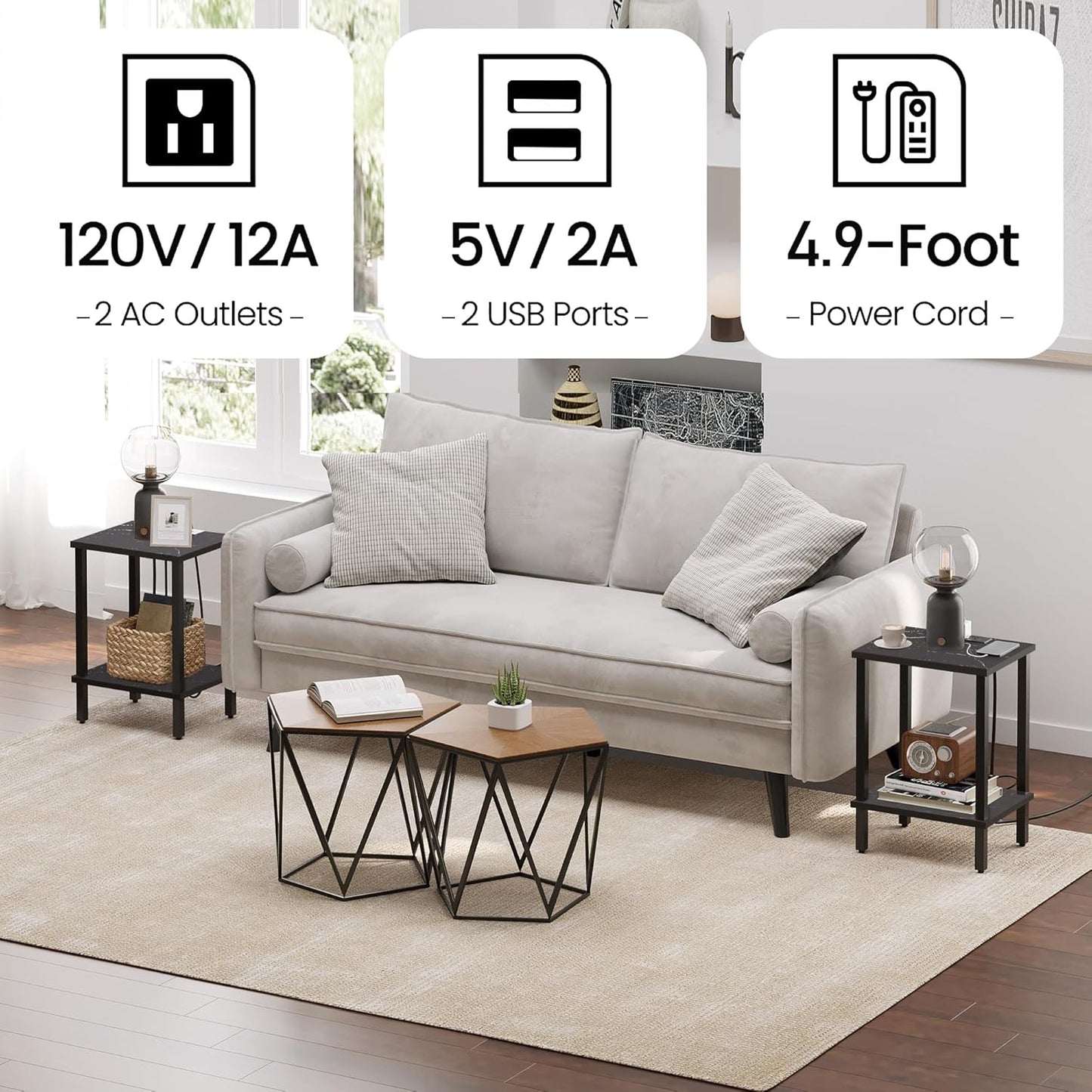 TUTOTAK End Table with Charging Station, Small Side Table, Nightstand Bedside Table, 2-Tier Storage