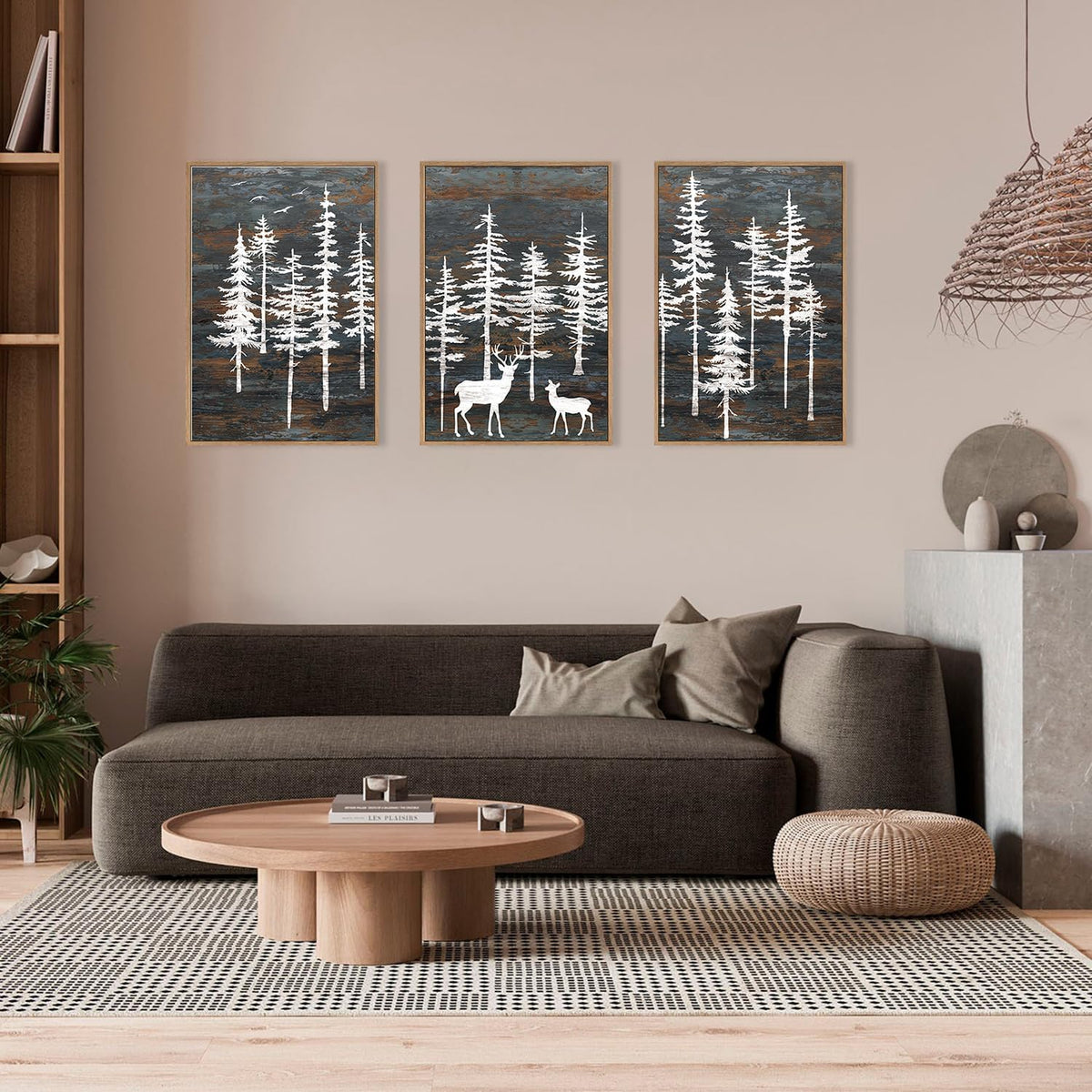 Modern White Forest Framed Canvas Wall Art Set, Minimalist Woodland Art Painting, Retro Tree
