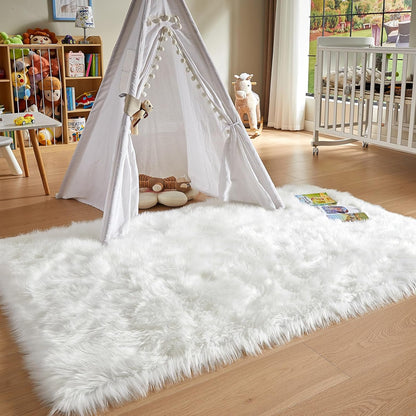 AMTOVO Faux Fur Sheepskin Rug for Living Room, 4 x 6 ft White Fluffy Area Rug for Bedroom