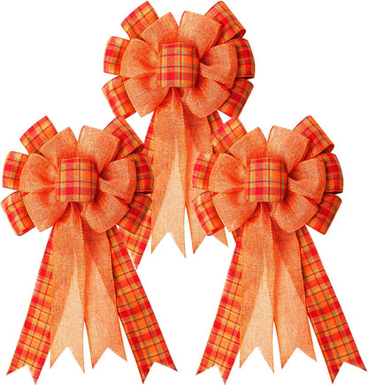 Iceyyyy 3Pcs Large Fall Thanksgiving Wreath Gift Bow -18.8x10.6inch Orange Buffalo Plaid Check