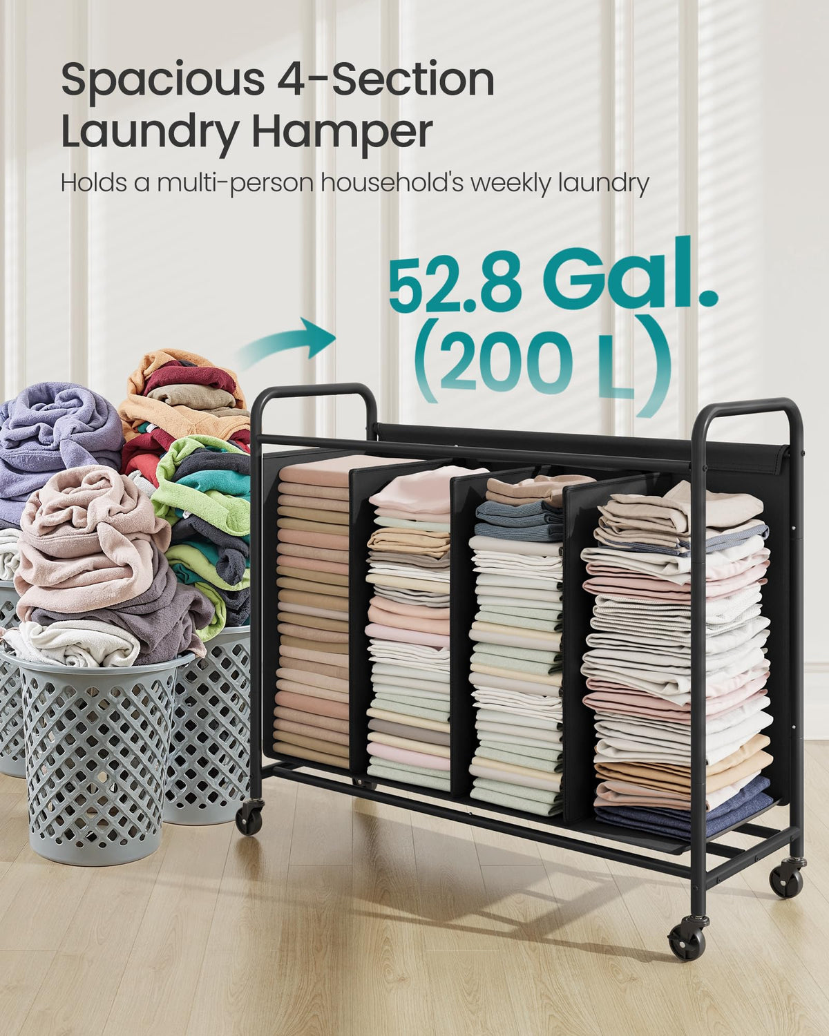 SONGMICS 4-Section Laundry Sorter, Laundry Hamper with Wheels, Rolling Clothes Hamper Cart with