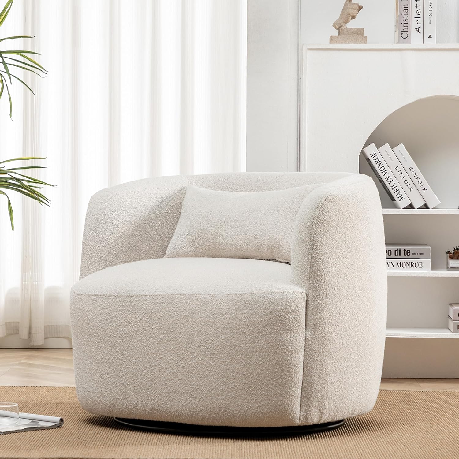 KINWELL 34" Wide Boucle Swivel Barrel Chair, No Assembly Round Upholstered Armchair Accent Chair