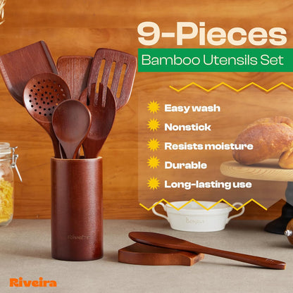 Riveira Set of 9 Premium Brown Bamboo Cooking Utensils - Bamboo Utensils for Cooking - Non-Toxic