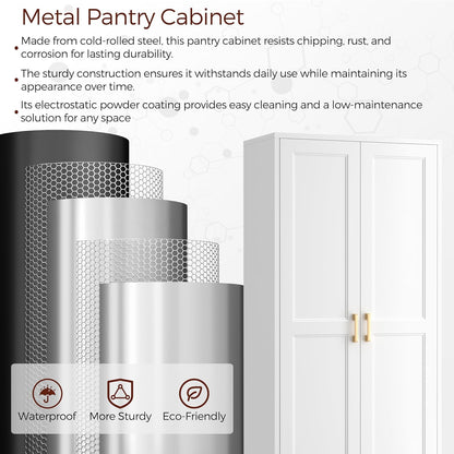 60" Tall Metal Pantry Cabinet, White Kitchen Pantry Storage Cabinet with 3 Adjustable Shelves and