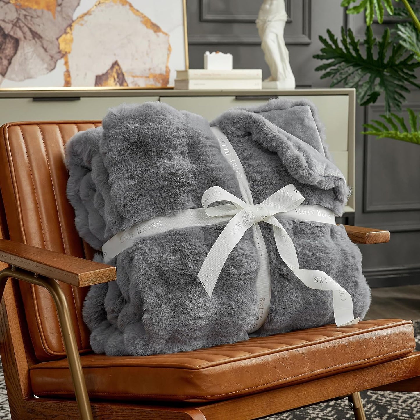 Cozy Bliss Faux Fur Throw Blanket for Couch, Fuzzy Soft Plush Thick Bubble Blanket for Sofa Bedroom