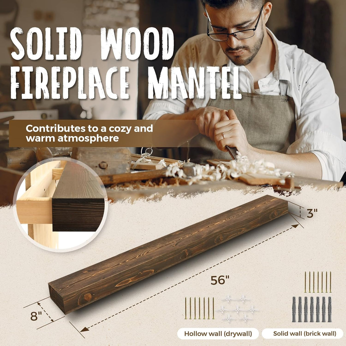 56x8x3 Fireplace Mantel - Handcrafted Hollow Rustic Solid Wood Wall Mounted Floating Shelf with