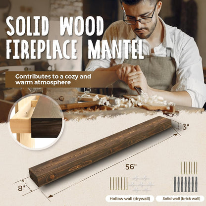 56x8x3 Fireplace Mantel - Handcrafted Hollow Rustic Solid Wood Wall Mounted Floating Shelf with