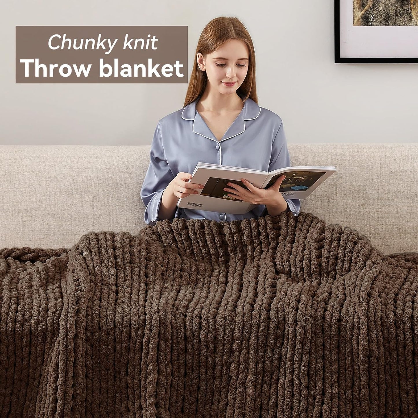 Chunky Knit Throw Blanket, 30''*40'' Knitted Throw Chenille Yarn for Bed Couch, Handmade Dark Brown