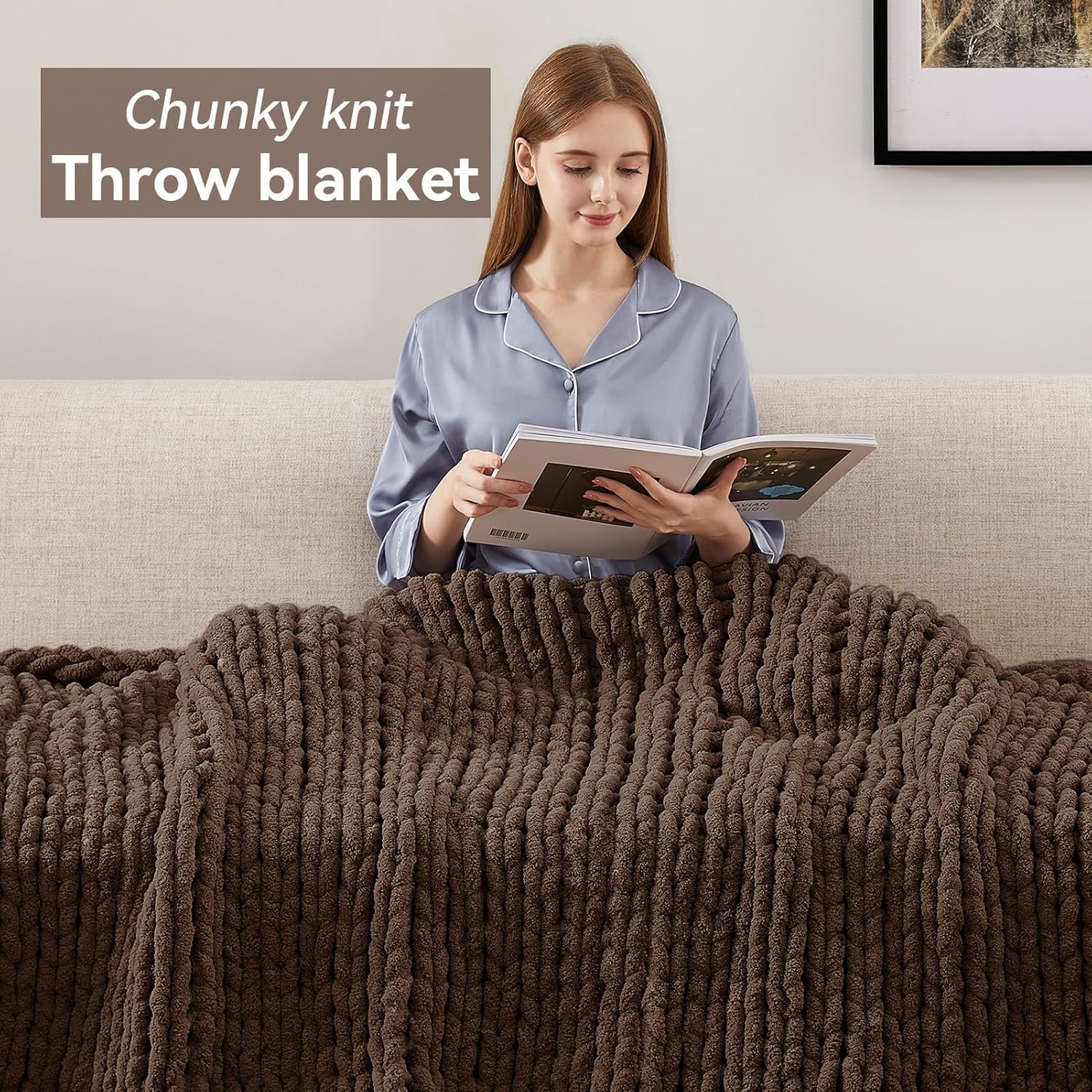 Chunky Knit Throw Blanket, 30''*40'' Knitted Throw Chenille Yarn for Bed Couch, Handmade Dark Brown
